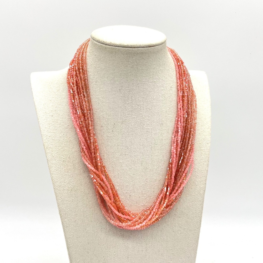 Multi Strand Coral Pink Seed Bead Statement Necklace Silver Tone Clasp
